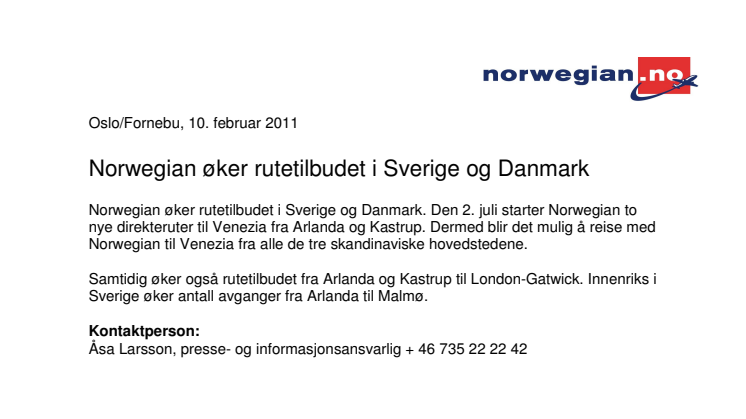 Norwegian øker rutetilbudet i Sverige og Danmark