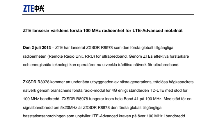 ZTE lanserar världens första 100 MHz radioenhet för LTE-Advanced mobilnät