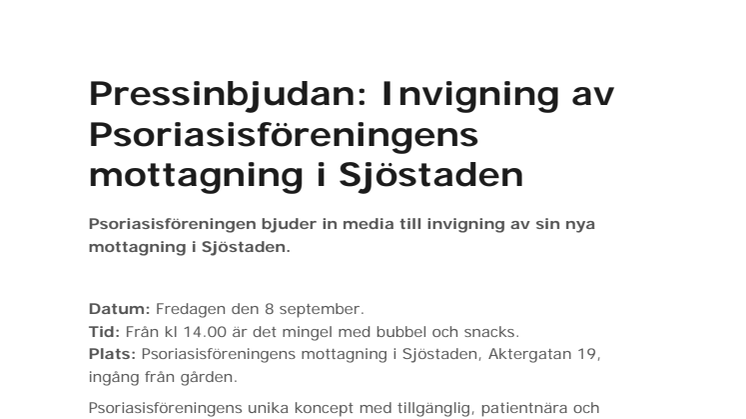 Pressinbjudan: Invigning av Psoriasisföreningens mottagning i Sjöstaden