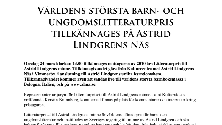 Världens största barn- och ungdomslitteraturpris tillkännages på Astrid Lindgrens Näs 