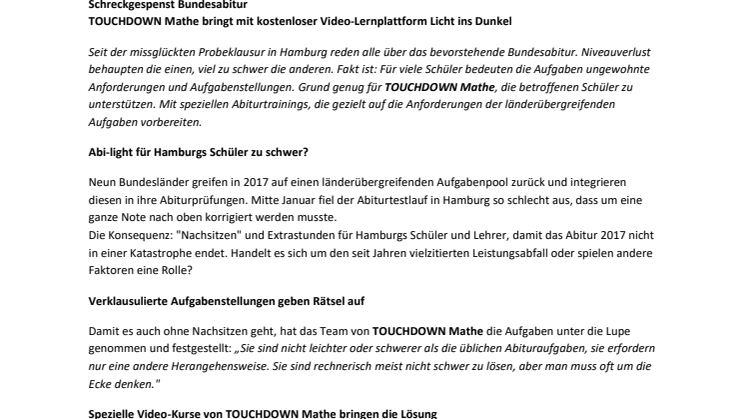 Pressemitteilung_Schreckgespenst Bundesabitur. TOUCHDOWN Mathe bringt mit kostenloser Video-Lernplattform Licht ins Dunkel