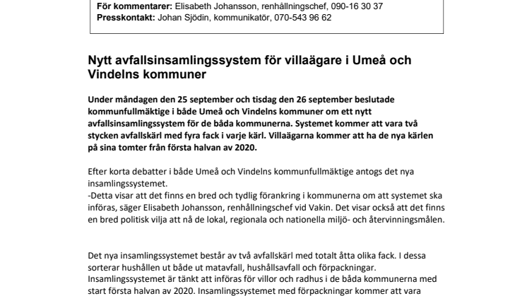 Nytt avfallsinsamlingssystem för villaägare i Umeå och Vindelns kommuner