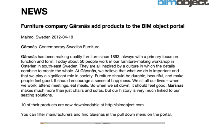 Furniture company Gärsnäs add products to the BIMobject portal