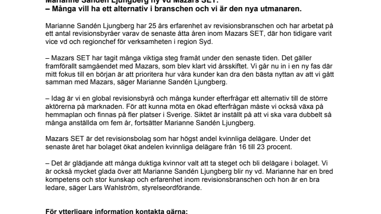 Marianne Sandén Ljungberg ny vd Mazars SET: – Många vill ha ett alternativ i branschen och vi är den nya utmanaren.