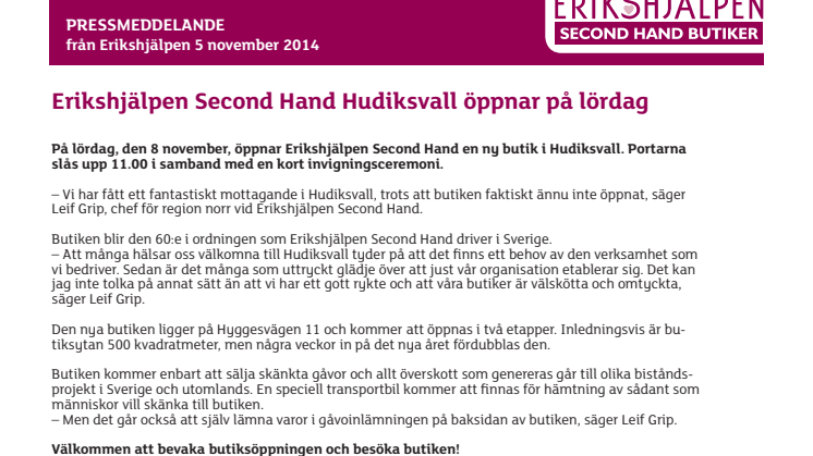 Erikshjälpen Second Hand Hudiksvall öppnar på lördag