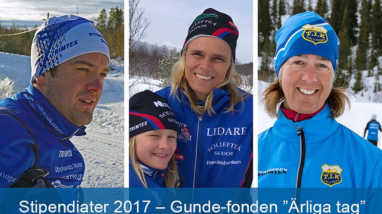 Stipendiater i Gunde-fonden 2017, fr.v. Patrick Björk, Mia Karlsson och Cajsa af Ekenstam.