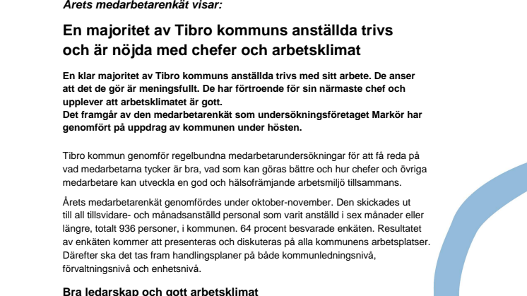 En majoritet av Tibro kommuns anställda trivs och är nöjda med chefer och arbetsklimat