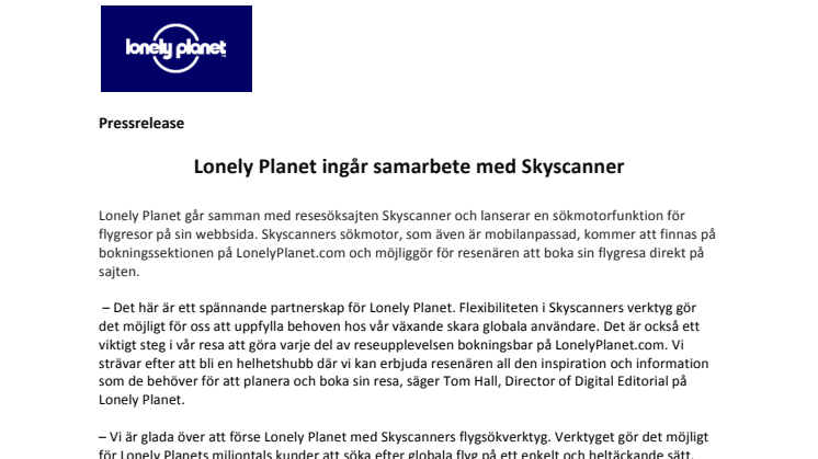 Lonely Planet ingår samarbete med Skyscanner