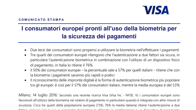 I consumatori europei pronti all’uso della biometria per la sicurezza dei pagamenti