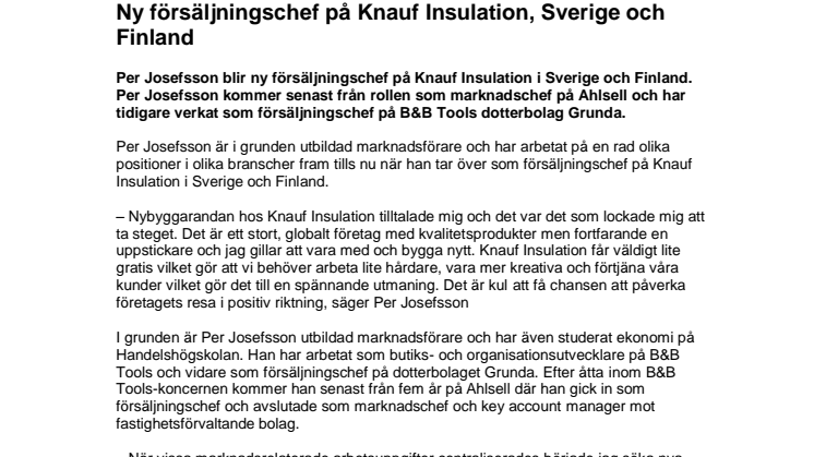 Ny försäljningschef på Knauf Insulation, Sverige och Finland