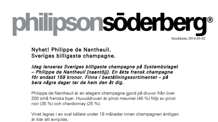 Nyhet! Philippe de Nantheuil. Sveriges billigaste champagne.