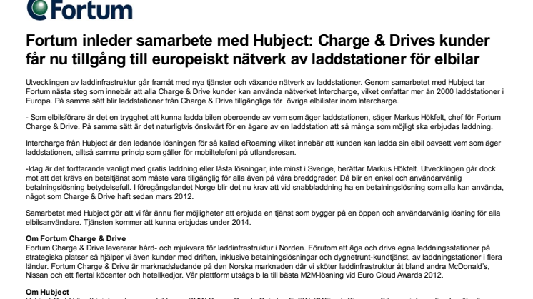 Fortum inleder samarbete med Hubject: Charge & Drives kunder får nu tillgång till europeiskt nätverk av laddstationer för elbilar