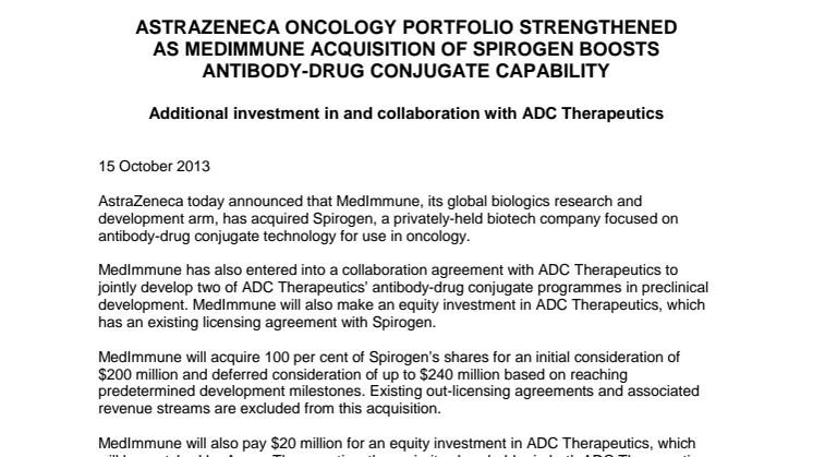 AstraZeneca stärker sin onkologiportfölj genom Medimmunes förvärv av Spirogen som ökar möjligheterna inom antikroppskonjugat