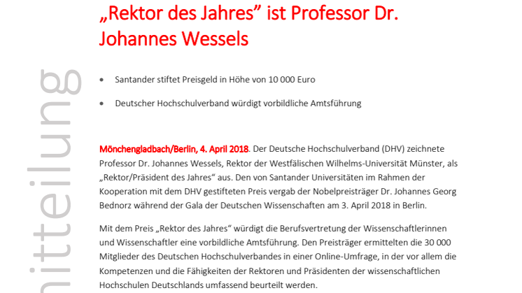 „Rektor des Jahres” ist Professor Dr. Johannes Wessels