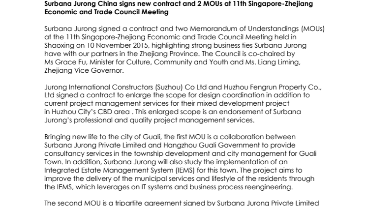 ​Surbana Jurong China signs new contract and 2 MOUs at 11th Singapore-Zhejiang Economic and Trade Council Meeting