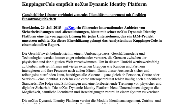 KuppingerCole empfielt neXus Dynamic Identity Platform