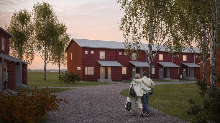 Visionsbild Saffransgatan, radhus i Gårdsten. Bild: Götenehus, 2018