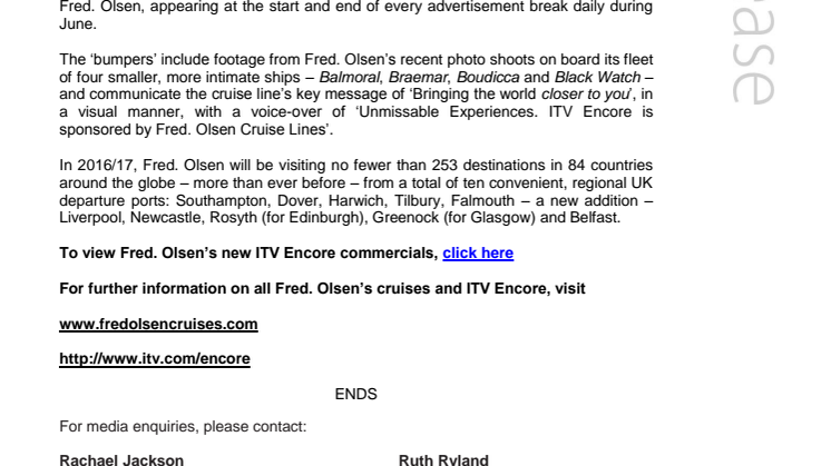 Fred. Olsen Cruise Lines enters into month-long sponsorship of ITV Encore in June 2015