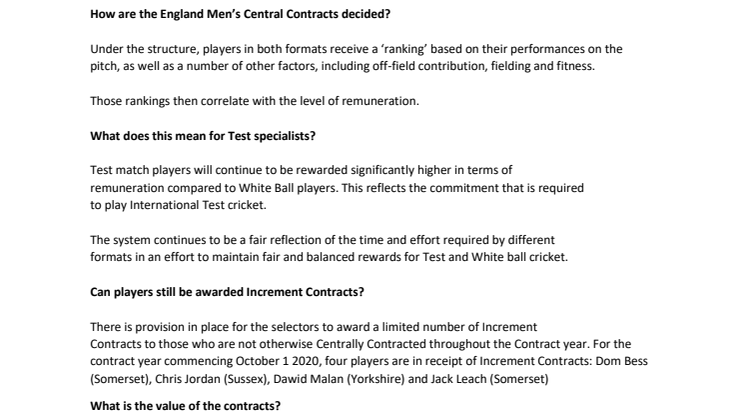 ​ECB announces England Men’s Central Contracts for 2020/21 season