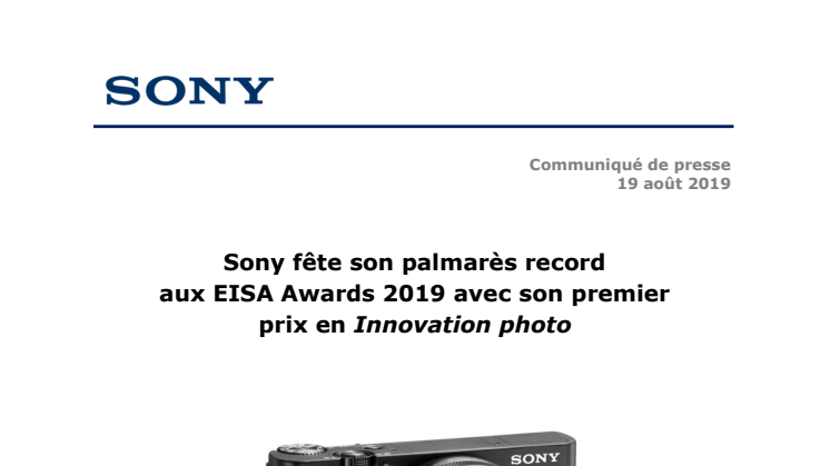  Sony fête son palmarès record  aux EISA Awards 2019 avec son premier  prix en Innovation photo