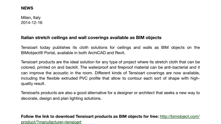 Italian stretch ceilings and wall coverings available as BIM objects