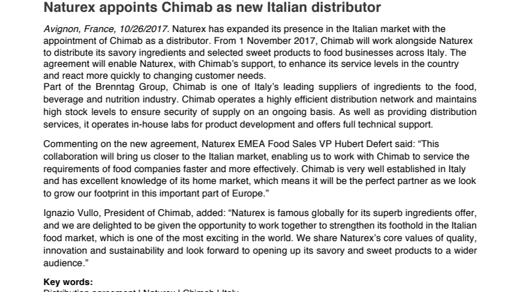 PRESS RELEASE: Naturex appoints Chimab as new Italian distributor