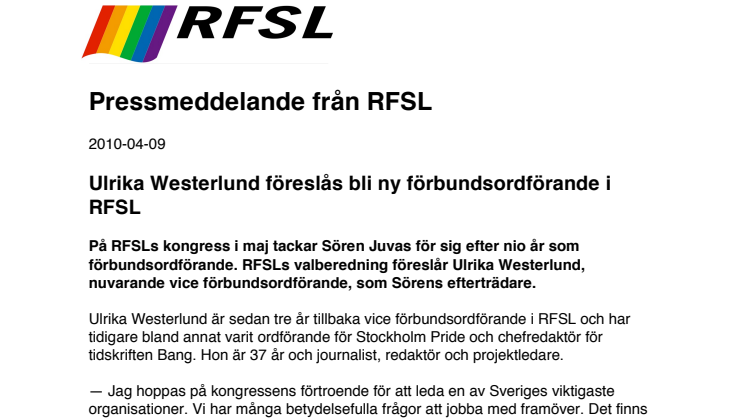 Ulrika Westerlund föreslås bli ny förbundsordförande i RFSL