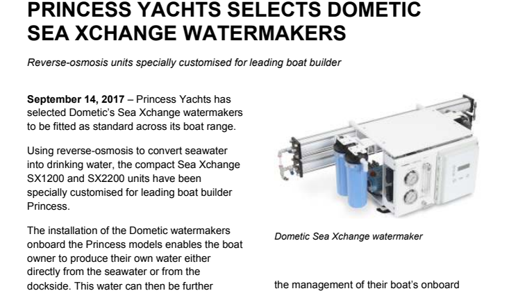 Princess Yachts Selects Dometic  Sea Xchange Watermakers