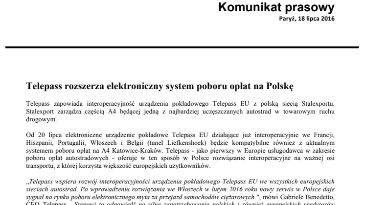  Telepass rozszerza elektroniczny system poboru opłat na Polskę