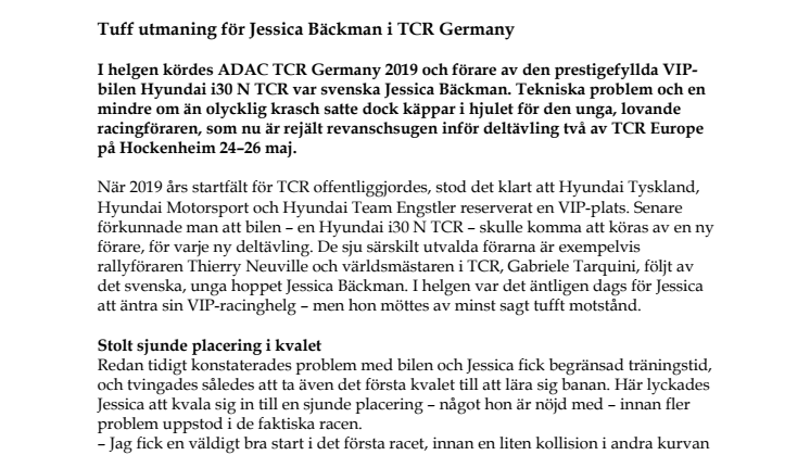 Tuff utmaning för Jessica Bäckman i TCR Germany
