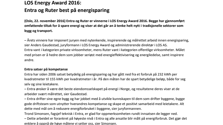 LOS Energy Award 2016: Entra og Ruter best på energisparing