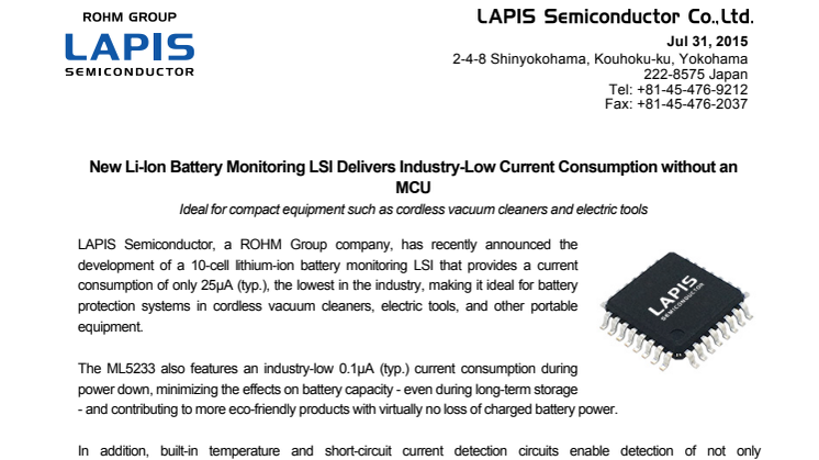 New Li-Ion Battery Monitoring LSI Delivers Industry-Low Current Consumption without an MCU -- Ideal for compact equipment such as cordless vacuum cleaners and electric tools