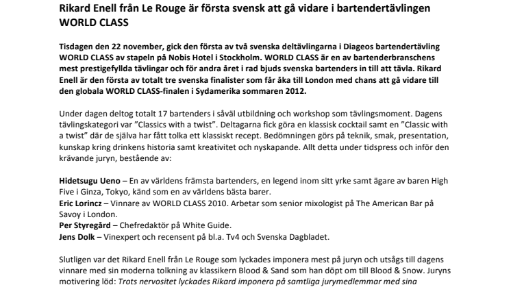 Rikard Enell från Le Rouge är första svensk att gå vidare i bartendertävlingen WORLD CLASS