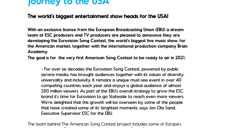​Eurovision Song Contest starts its journey to the USA