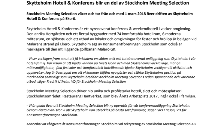 Skytteholm Hotell & Konferens blir en del av Stockholm Meeting Selection