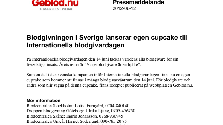 Blodgivningen i Sverige lanserar egen cupcake till Internationella blodgivardagen