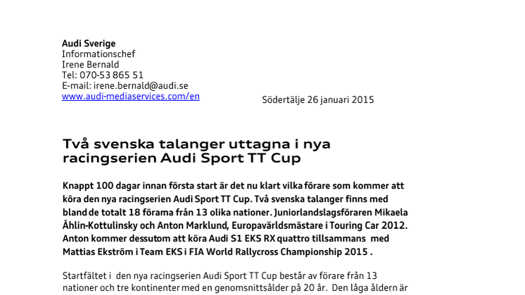 Två svenska talanger uttagna i nya racingserien Audi Sport TT Cup