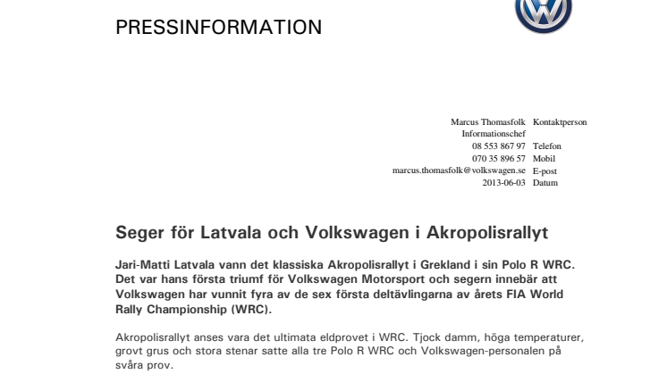 Seger för Latvala och Volkswagen i Akropolisrallyt 