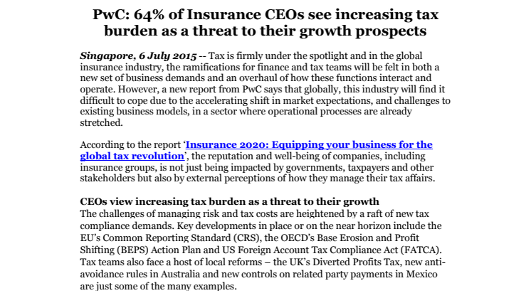PwC: 64% of Insurance CEOs see increasing tax burden as a threat to their growth prospects