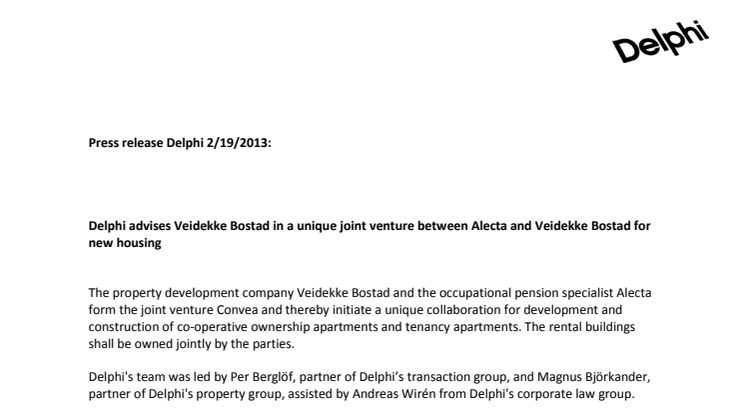  Delphi advises Veidekke Bostad in a unique joint venture between Alecta and Veidekke Bostad for new housing