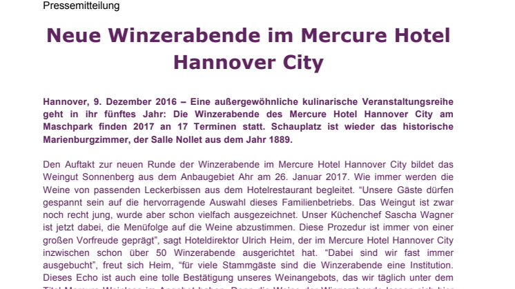 Neue Winzerabende im Mercure Hotel Hannover City