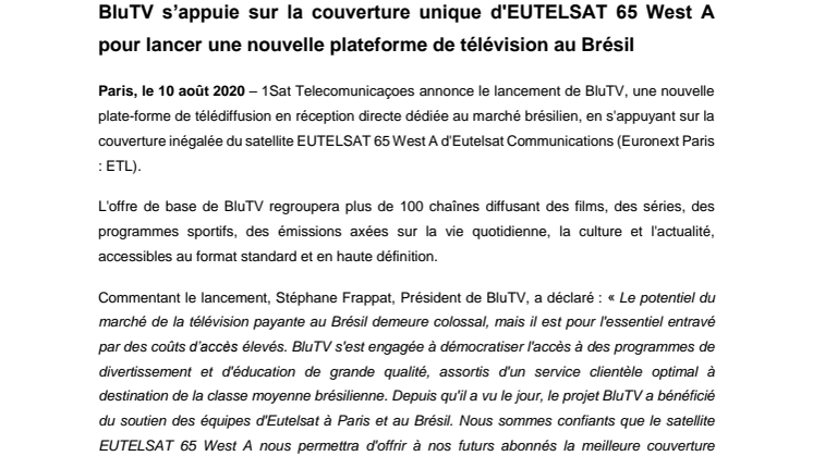  BluTV leverages unique coverage of EUTELSAT 65 West A to launch new Brazilian broadcast platform 