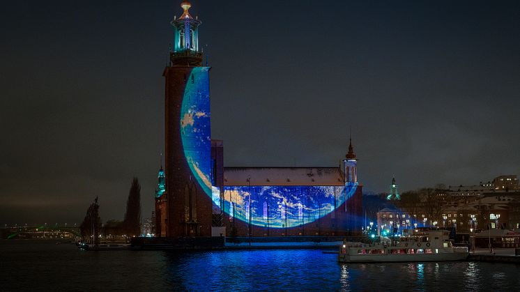 Stockholm City Hall, Nobel Week Lights. Photo: Christan Åslund