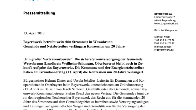 Bayernwerk betreibt weiterhin Stromnetz in Wessobrunn