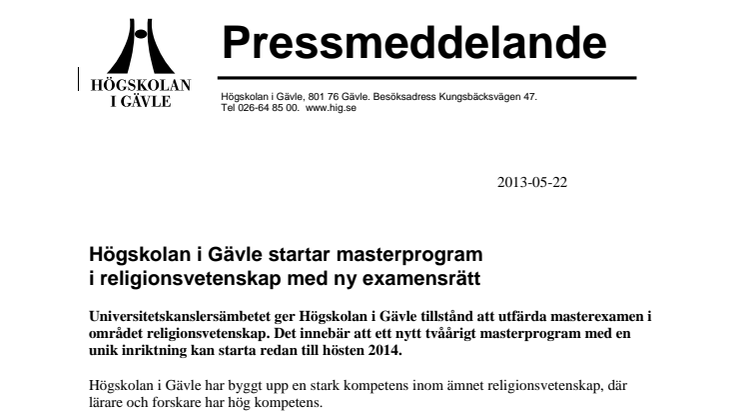 Högskolan i Gävle startar masterprogram i religionsvetenskap med ny examensrätt 