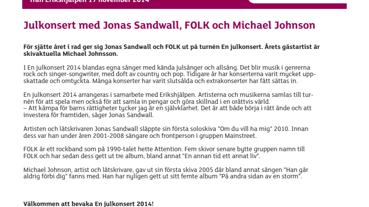 Julkonsert med Jonas Sandwall, FOLK och Michael Johnson