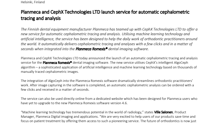 Planmeca and CephX Technologies LTD launch service for automatic cephalometric tracing and analysis