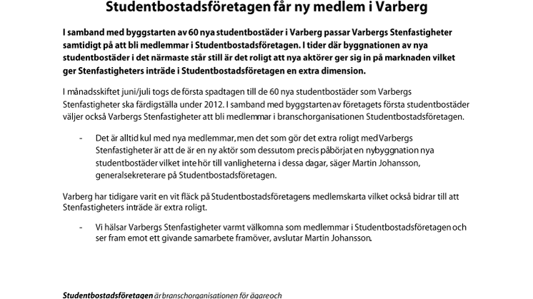Studentbostadsföretagen får ny medlem i Varberg