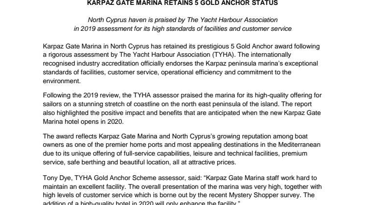 Karpaz Gate Marina Retains 5 Gold Anchor Status