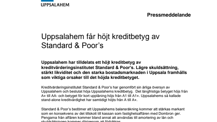 Uppsalahem får höjt kreditbetyg av Standard & Poor’s